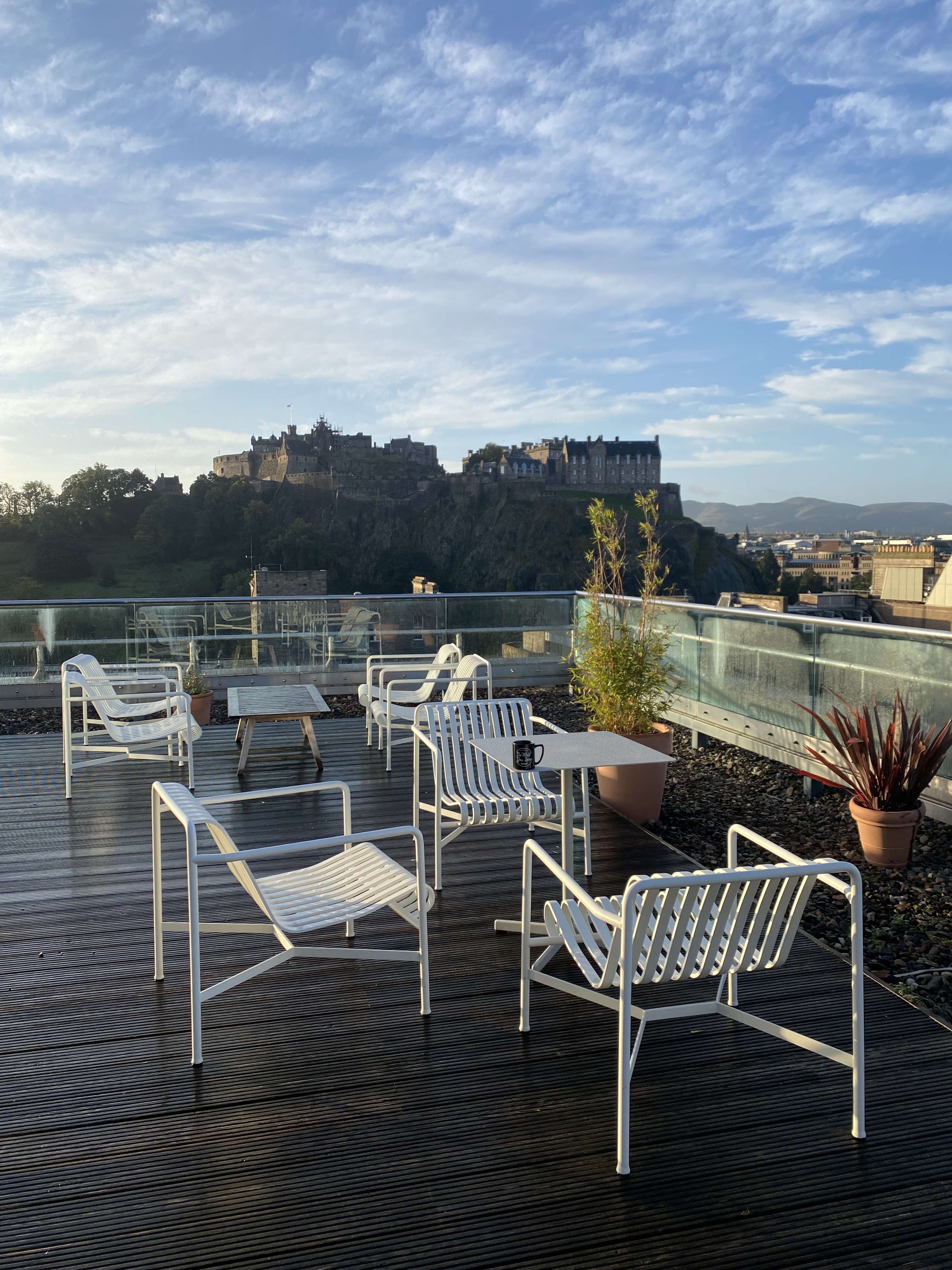 View of Edinburgh Castle from office rooftop terrace.